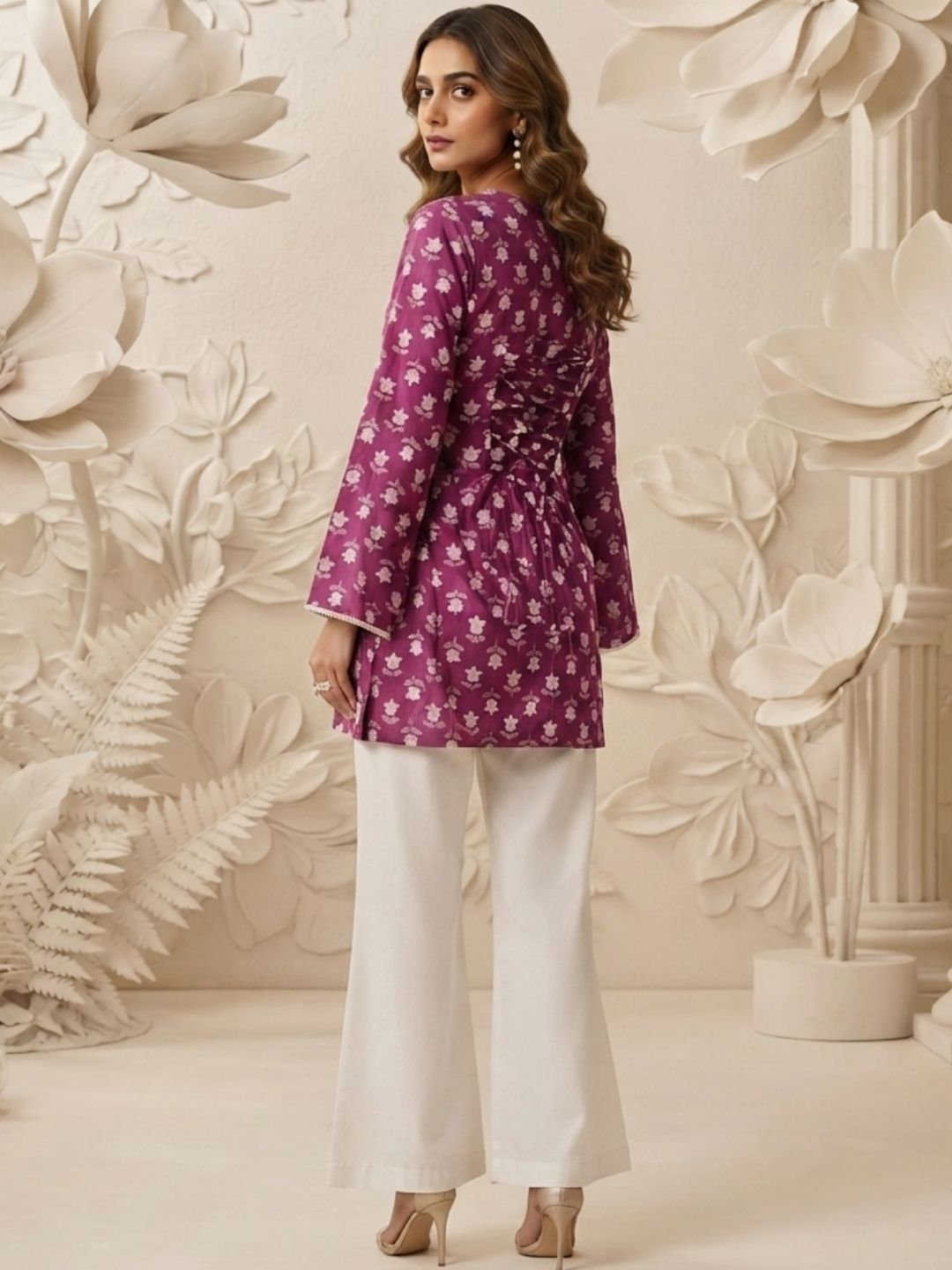 Magenta Floral Printed Straight Kurti with Designer Corset Back