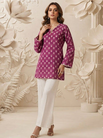 Magenta Floral Printed Straight Kurti with Designer Corset Back