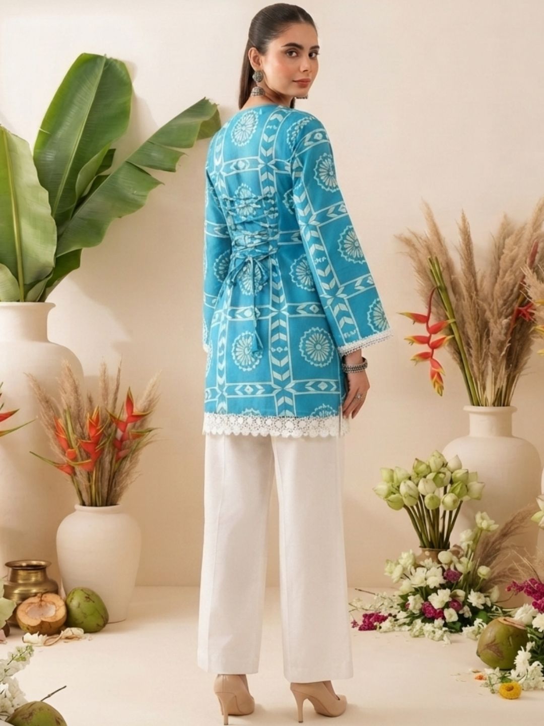 Blue Geometric Printed Straight Kurti with Corset Back Design