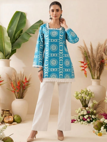 Blue Geometric Printed Straight Kurti with Corset Back Design