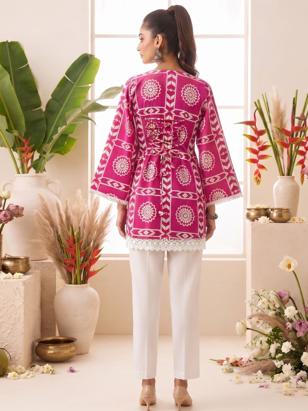 Pink Geometric Printed Straight Kurti with Lace-Up Back Design