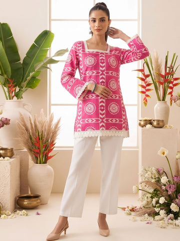 Pink Geometric Printed Straight Kurti with Lace-Up Back Design