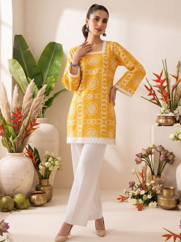 Yellow Geometric Printed Straight Kurti with Lace-Up Back Design