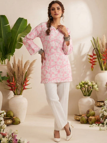 Blush Pink Floral Printed Straight Kurti with Corset Back Design