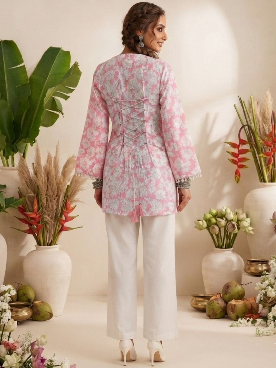 Blush Pink Floral Printed Straight Kurti with Corset Back Design