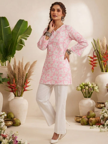 Blush Pink Floral Printed Straight Kurti with Corset Back Design