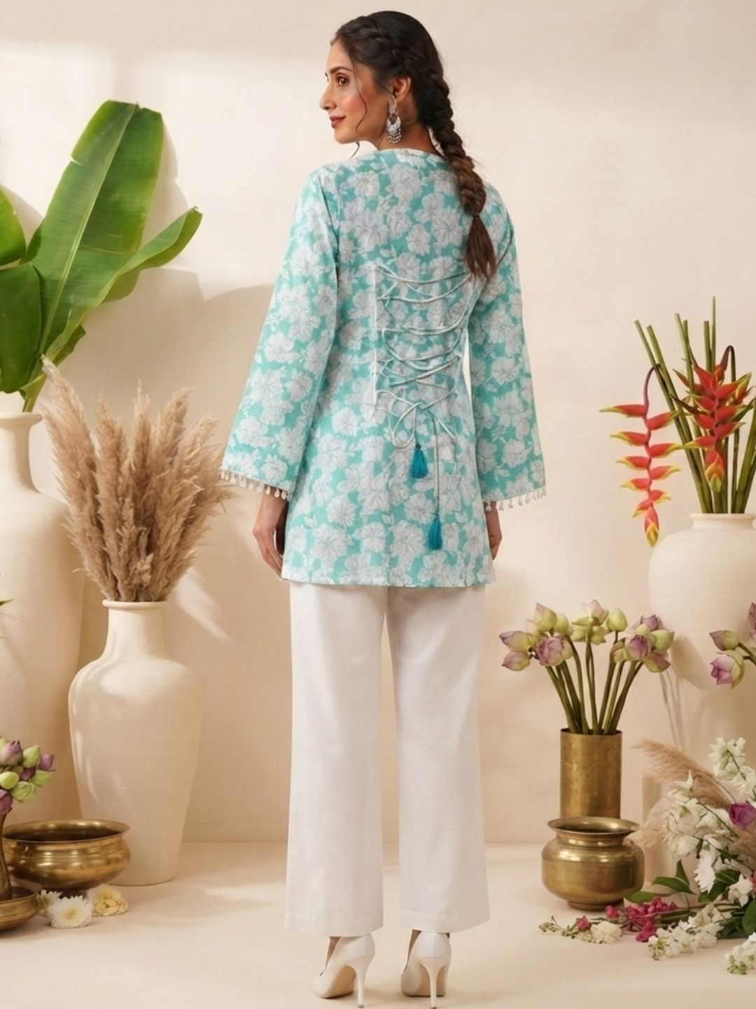 Blue Floral Printed Straight Kurti with Corset Back Detail