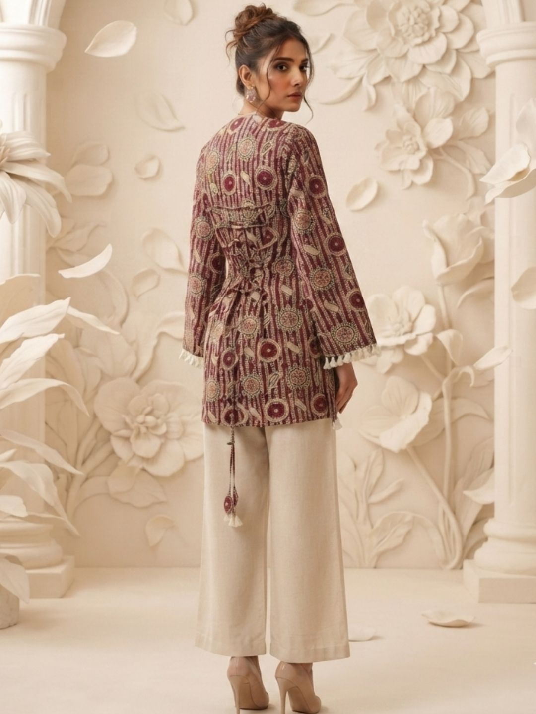 Maroon Geometric Printed Straight Kurti with Tassel Hem