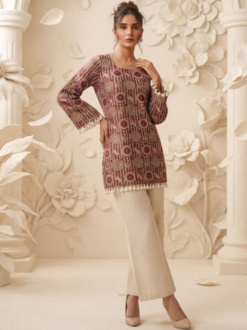 Maroon Geometric Printed Straight Kurti with Tassel Hem