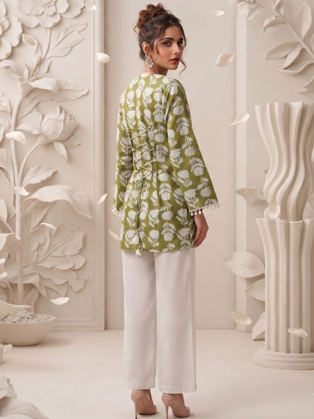 Green Floral Printed Corset-Back Kurti with Flared Sleeves