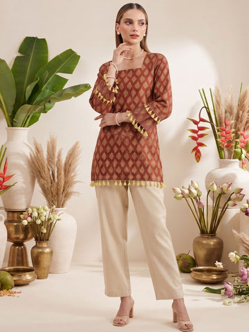 Brown Ethnic Printed Straight Cotton Kurti