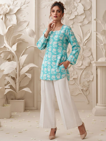 Blue Floral Printed Corset-Back Kurti with Flared Sleeves