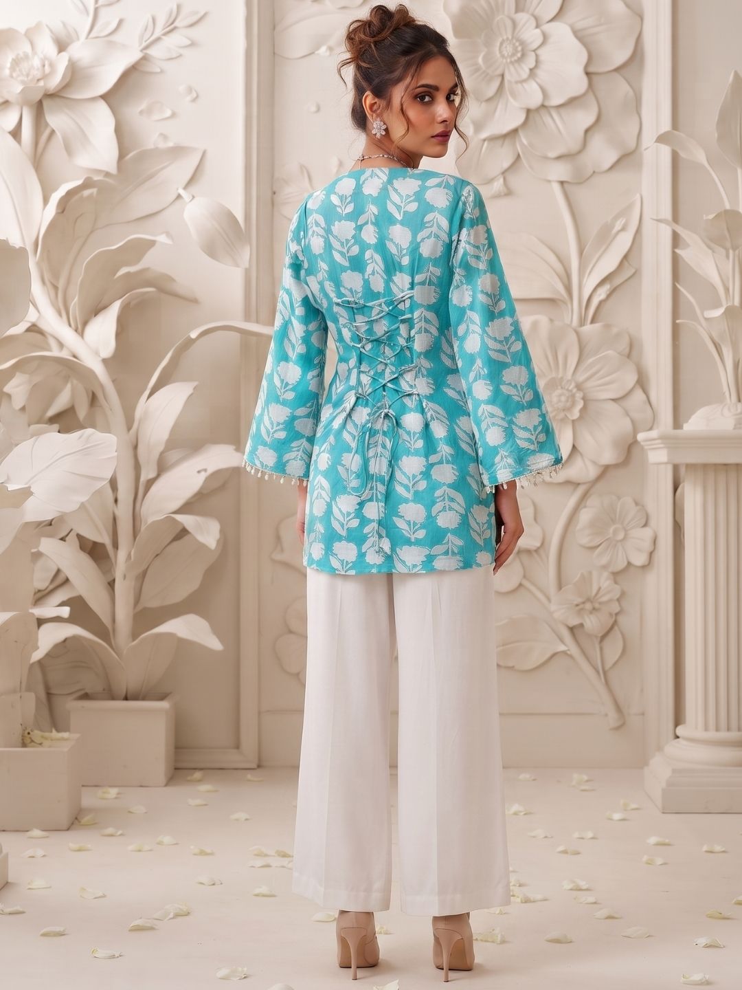 Blue Floral Printed Corset-Back Kurti with Flared Sleeves