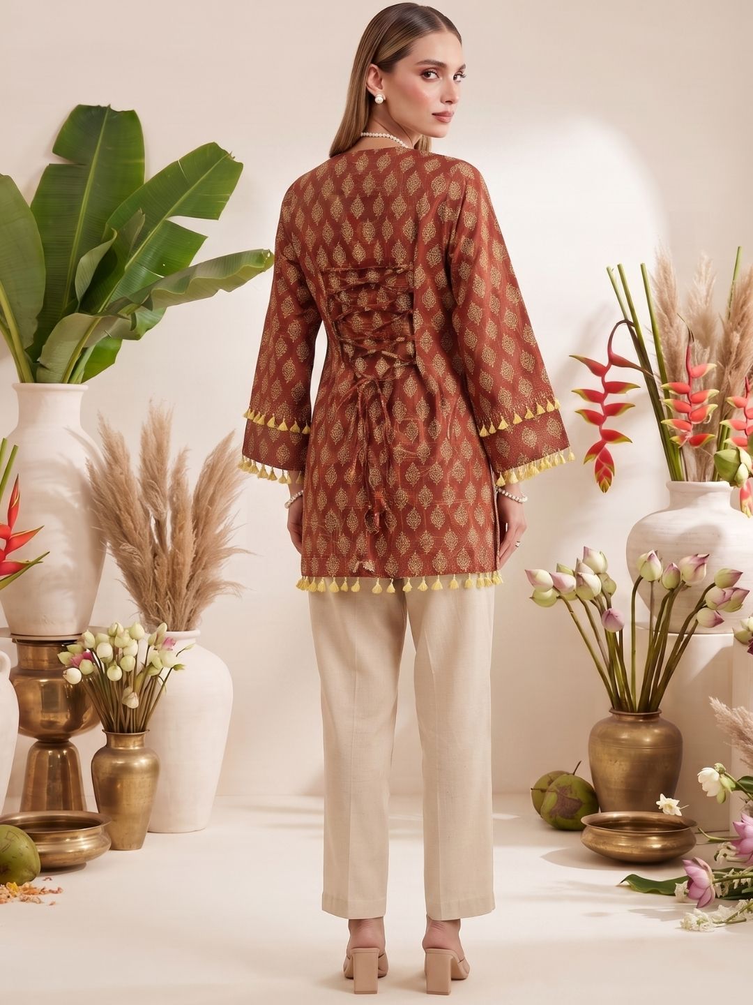 Brown Ethnic Printed Straight Cotton Kurti