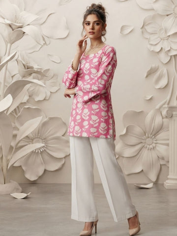 Pink Floral Printed Kurti with Corset-Back and Full Sleeves