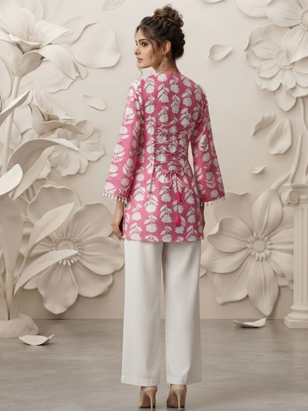 Pink Floral Printed Kurti with Corset-Back and Full Sleeves