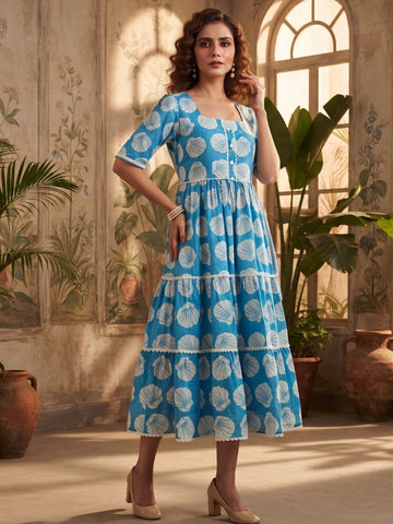 Ocean Blue Seashell Print Tiered Midi Dress