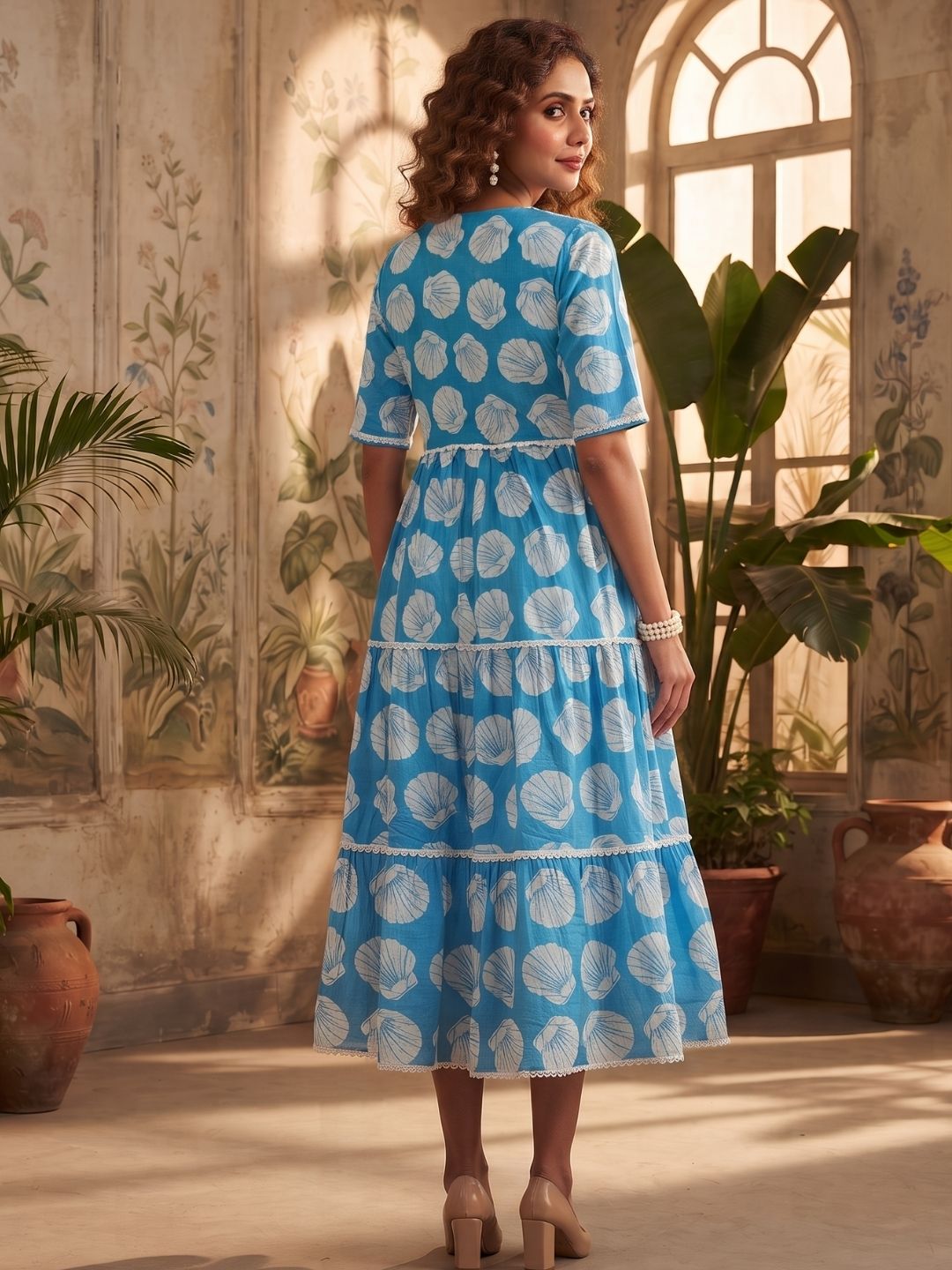 Ocean Blue Seashell Print Tiered Midi Dress