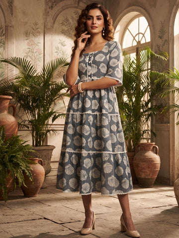 Slate Grey Seashell Motif Tiered Midi Dress