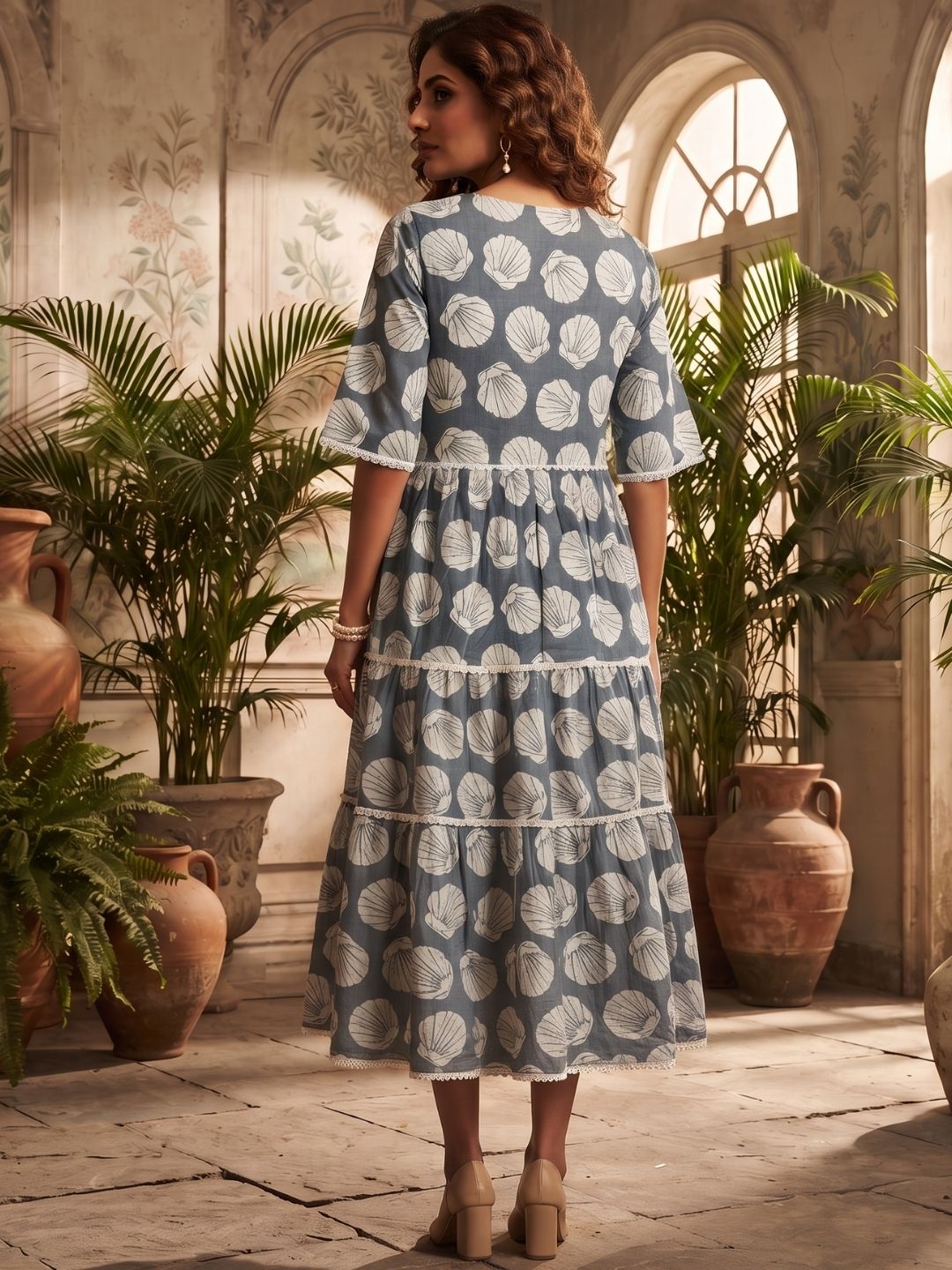 Slate Grey Seashell Motif Tiered Midi Dress