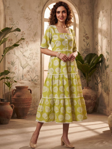 Olive Green Seashell Print Tiered Midi Dress