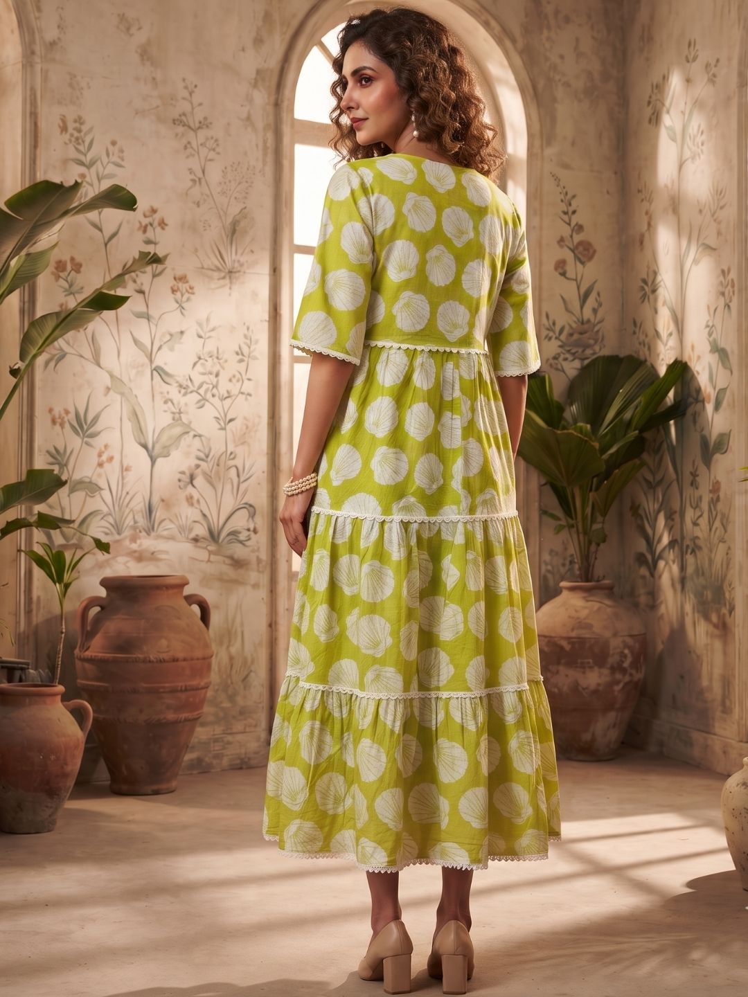 Olive Green Seashell Print Tiered Midi Dress