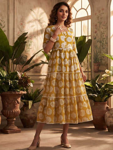 Mustard Yellow Seashell Print Tiered Midi Dress