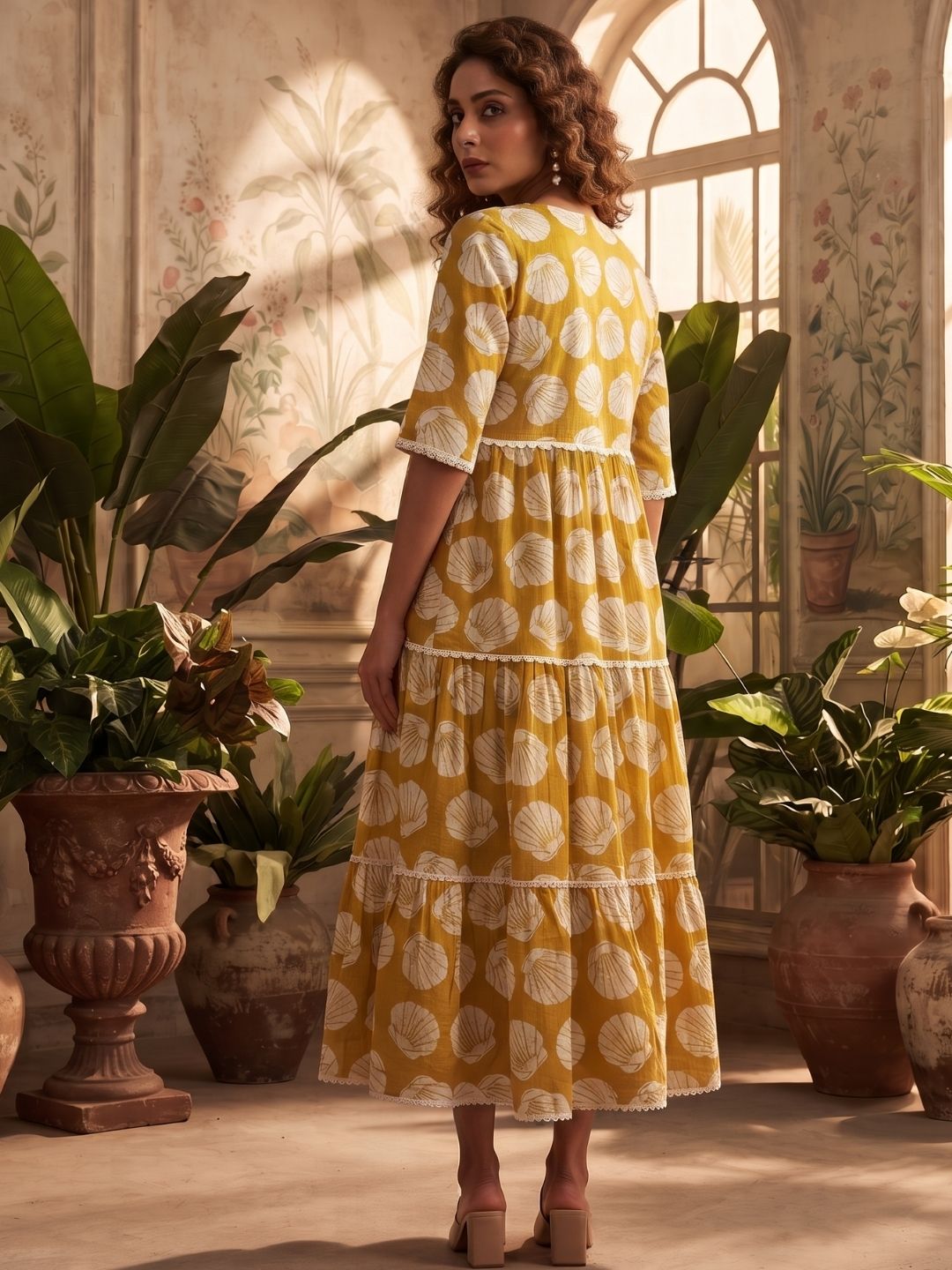 Mustard Yellow Seashell Print Tiered Midi Dress