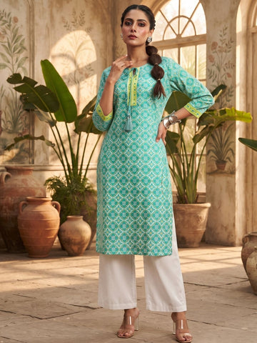 Teal Blue Geometric Print Straight Kurta