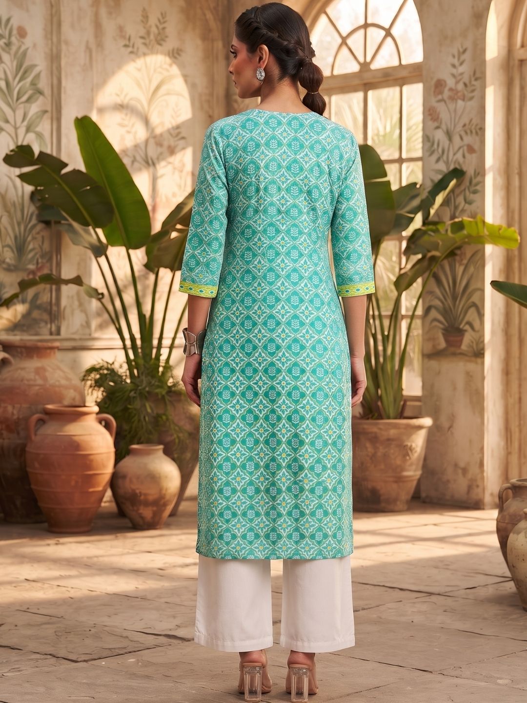 Teal Blue Geometric Print Straight Kurta
