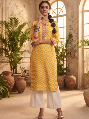 Vibrant Yellow Traditional Print Straight Kurta