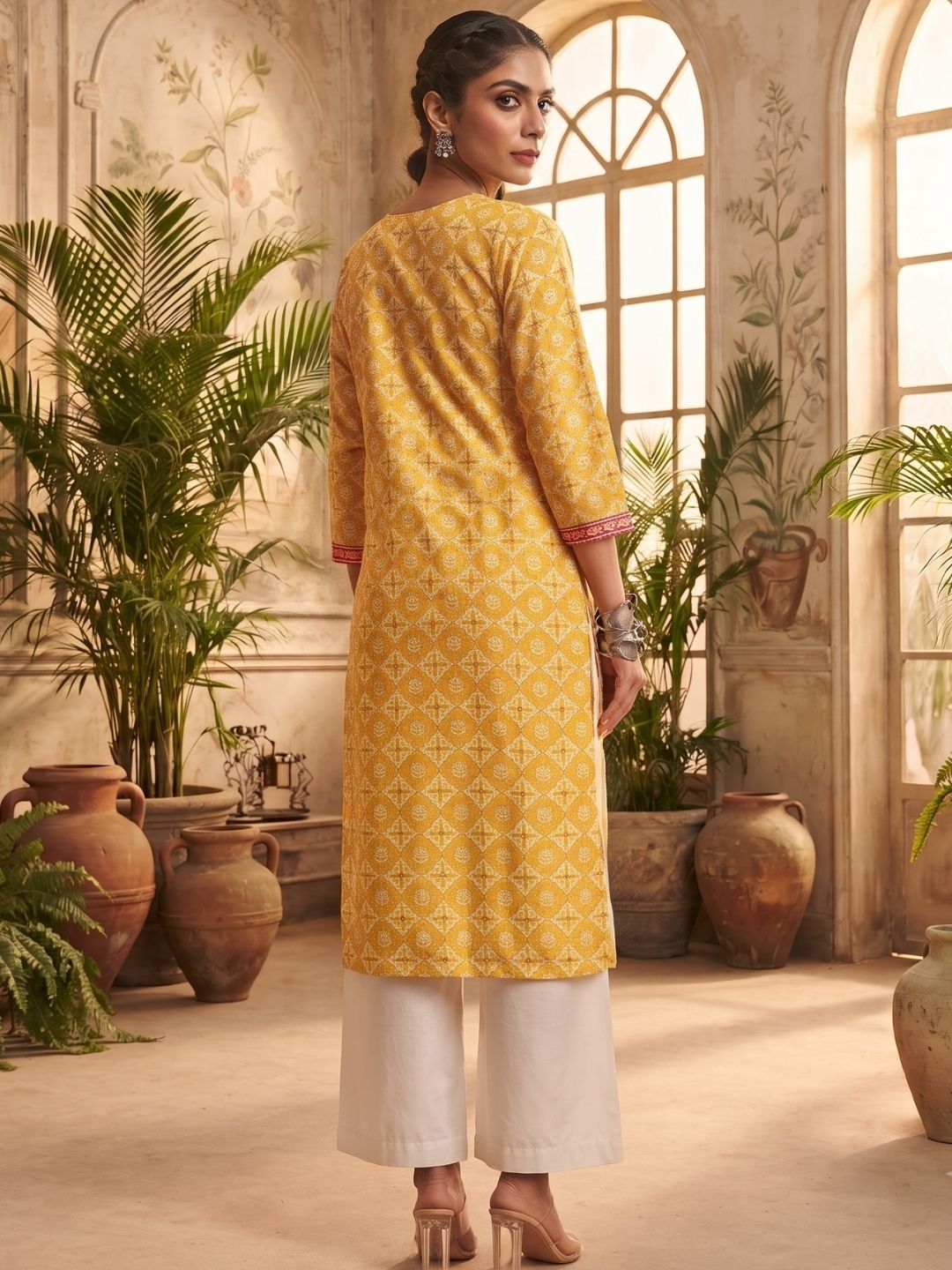 Vibrant Yellow Traditional Print Straight Kurta