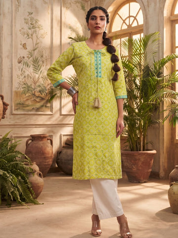 Lime Green Geometric Pattern Straight Kurta