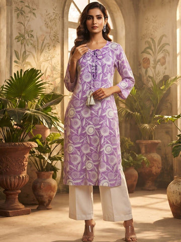 Lavender Floral Motif Straight Kurta