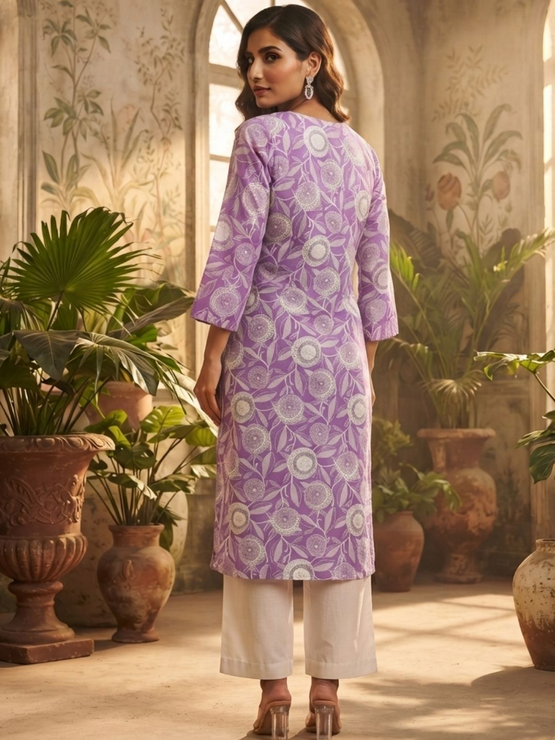 Lavender Floral Motif Straight Kurta