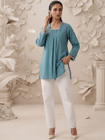 Sky Blue Solid Pleated Cotton Kurti