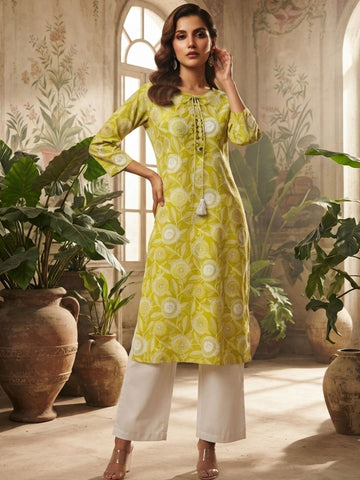 Yellow Botanical Print Straight Kurta