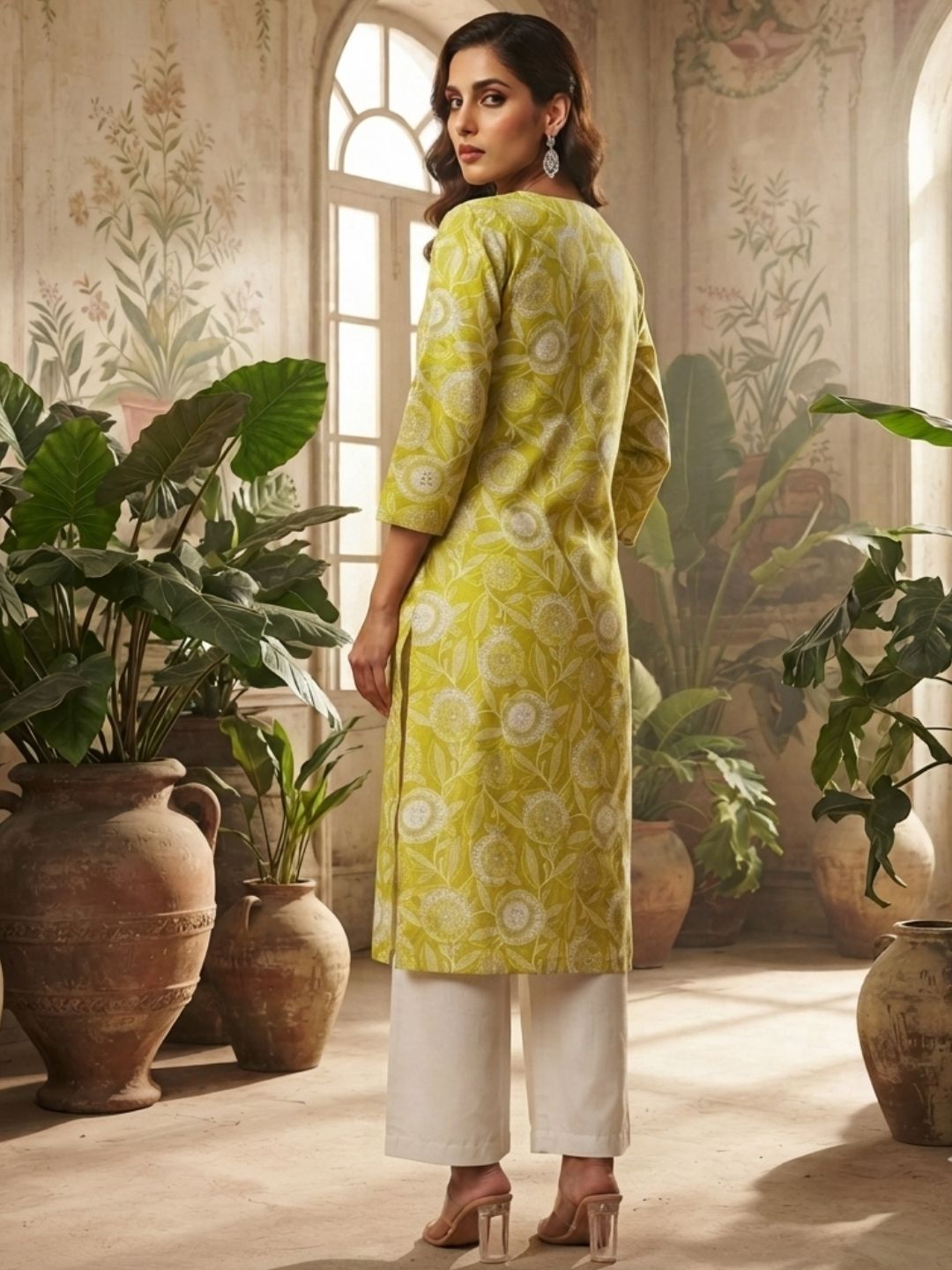 Yellow Botanical Print Straight Kurta