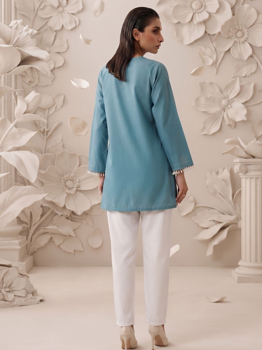 Sky Blue Solid Pleated Cotton Kurti