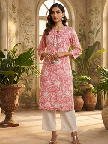 Rose Pink Botanical Print Straight Kurta