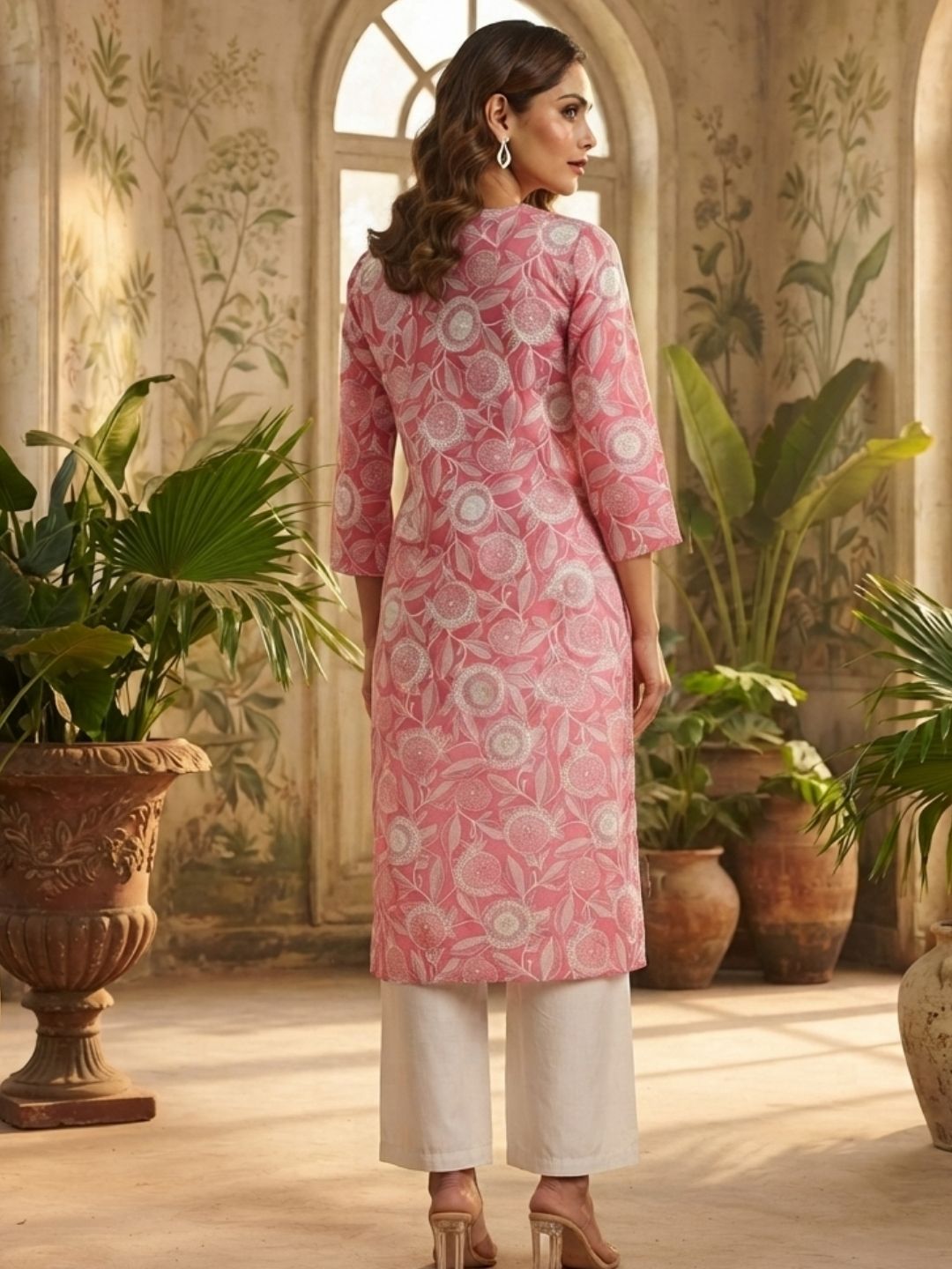 Rose Pink Botanical Print Straight Kurta