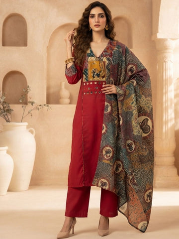 Heritage Print Straight Kurta Set with Designer Dupatta