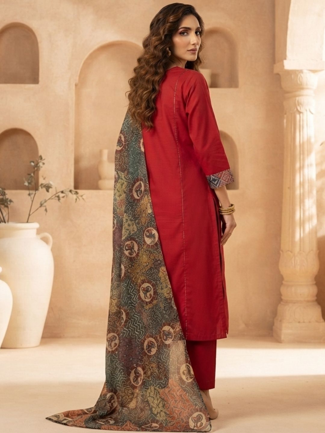 Heritage Print Straight Kurta Set with Designer Dupatta