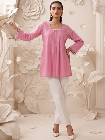 Blush Pink Solid Pleated Cotton Kurti
