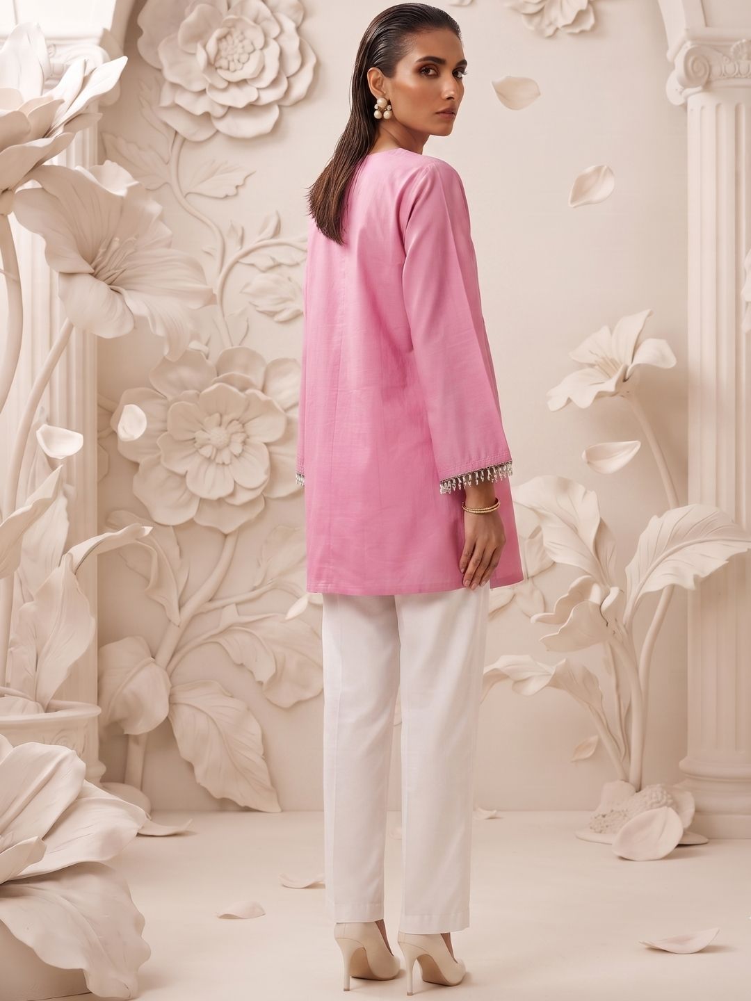 Blush Pink Solid Pleated Cotton Kurti