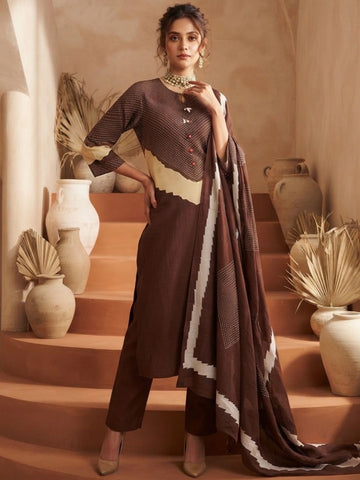 Abstract Print Straight Kurta Set with Coordinated Dupatta