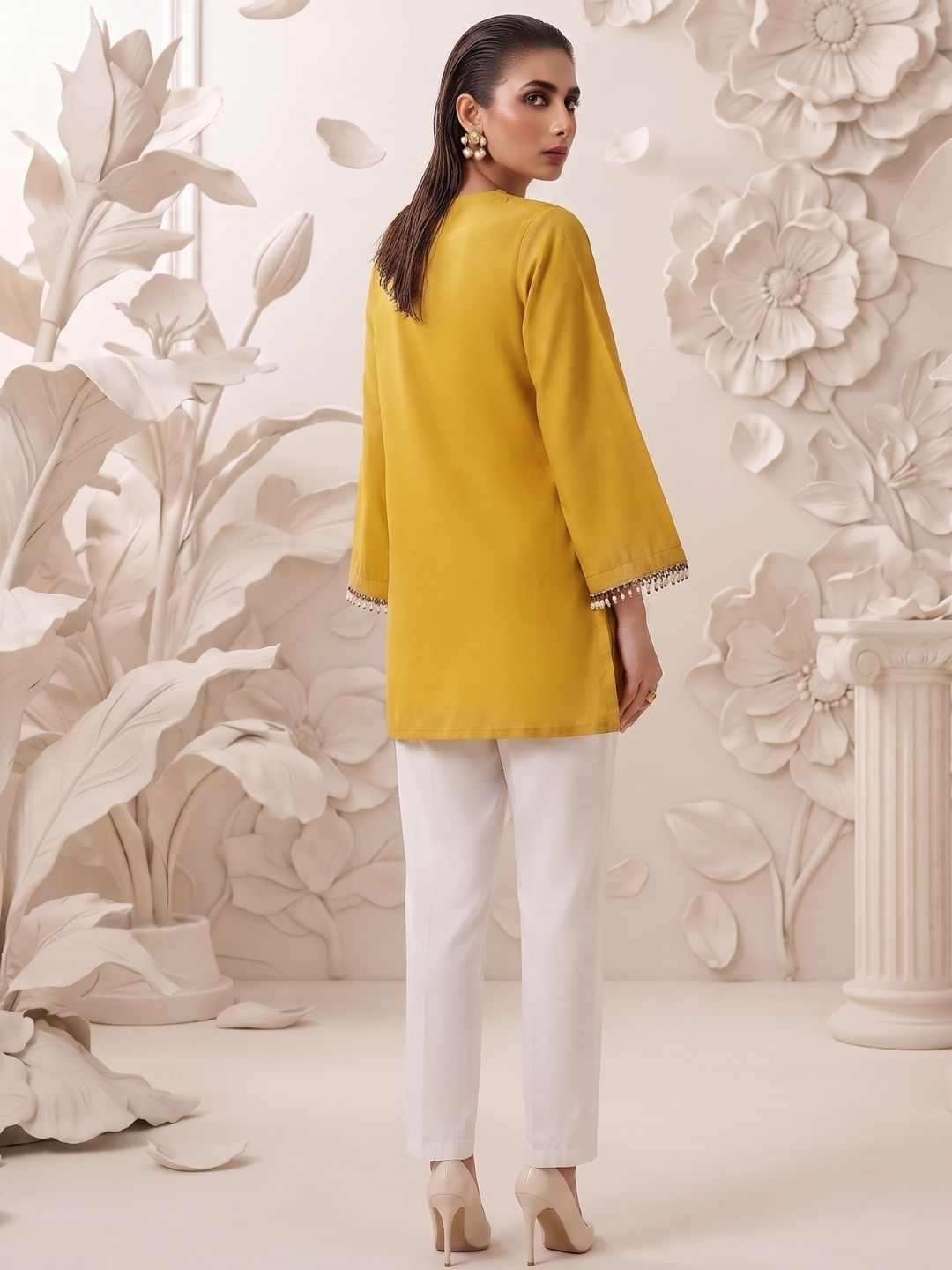 Mustard Yellow Solid Pleated Cotton Kurti