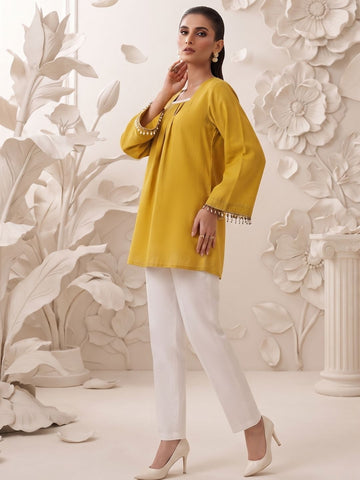 Mustard Yellow Solid Pleated Cotton Kurti