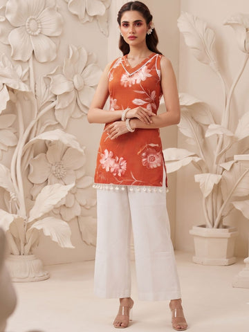 Rust Orange Sleeveless Floral Printed Cotton Kurti