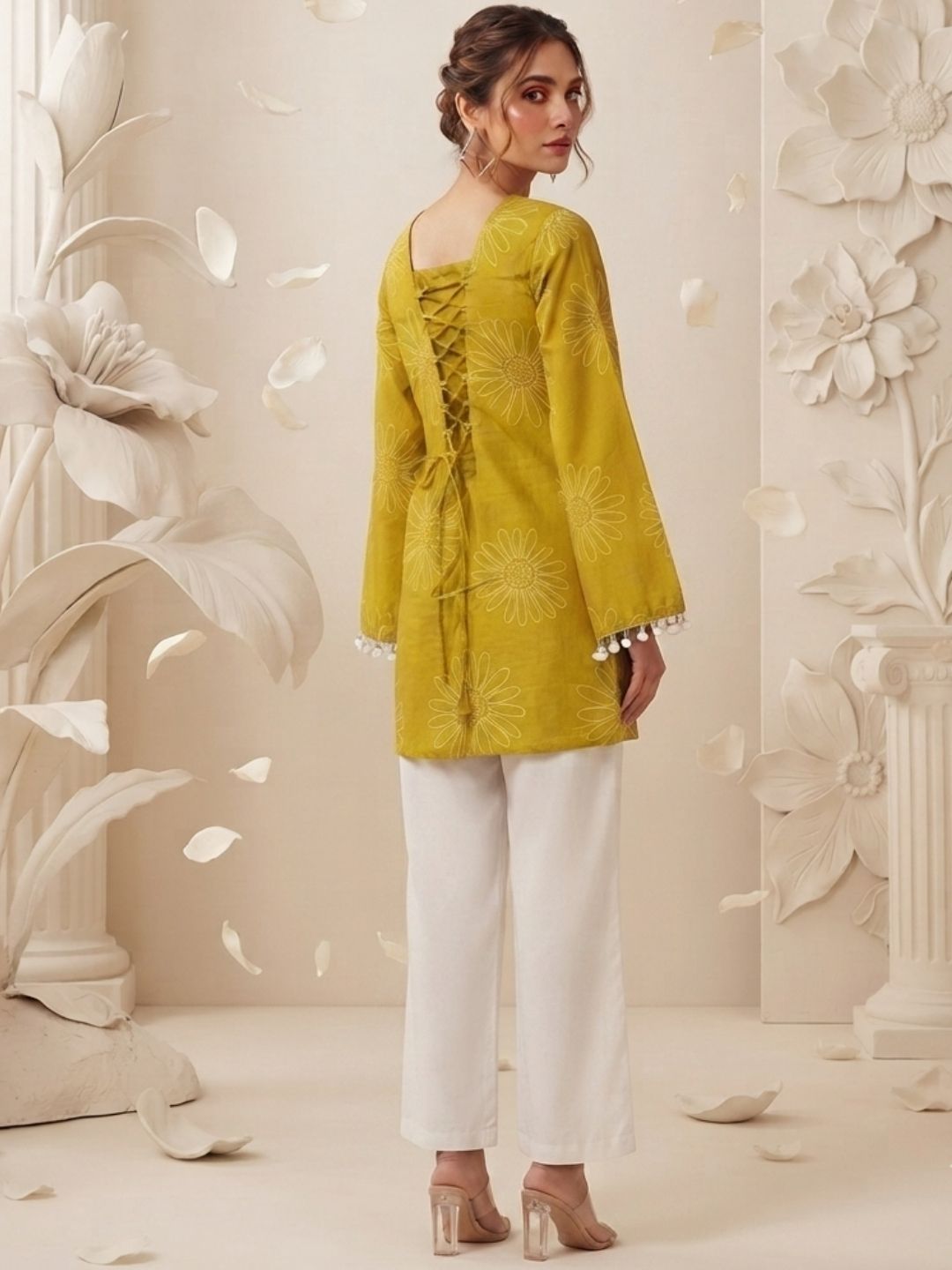 Mustard Yellow Floral Printed Corset Back Kurti